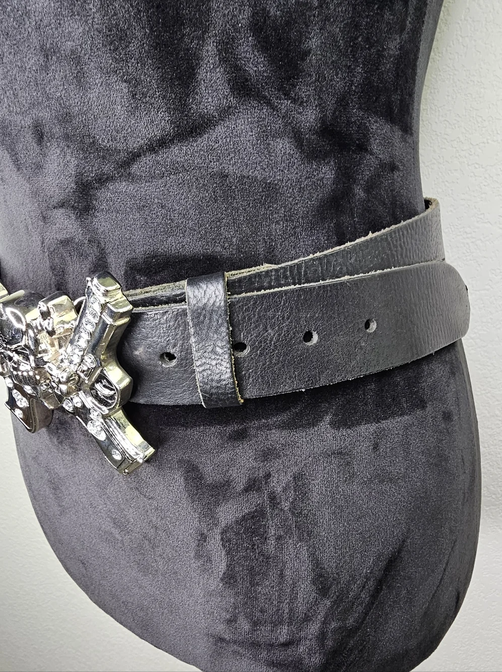 Rock Rebel Double Barrel Crossbones Skull Stone Leather Black Belt 32